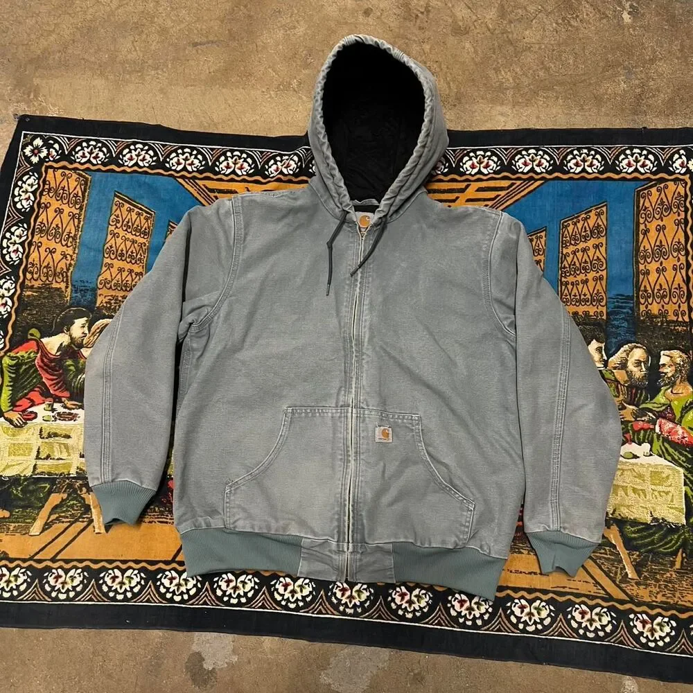 Vintage blue Carhartt Jacket Zip up canvas jacket Size Large j130 hooded jacket